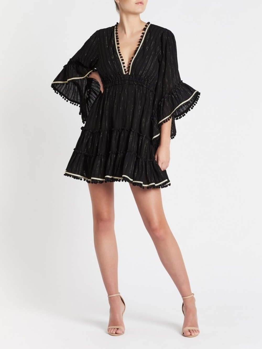 Black V-Neck Tiered Misa Los Angeles Mini Dress with Pom Trim